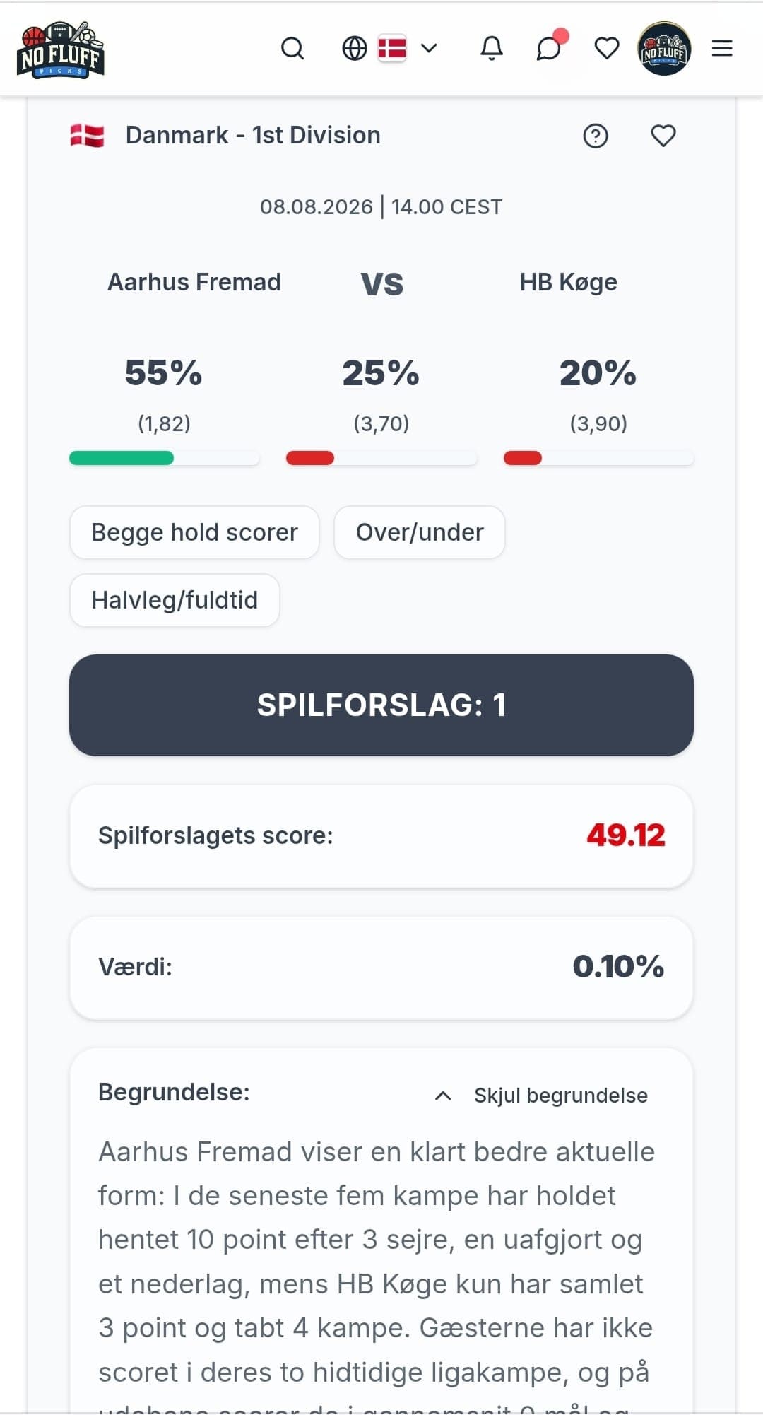 NoFluffPicks app match analysis - dk