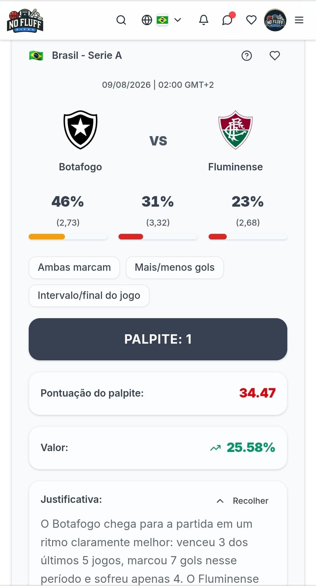 NoFluffPicks app match analysis - br