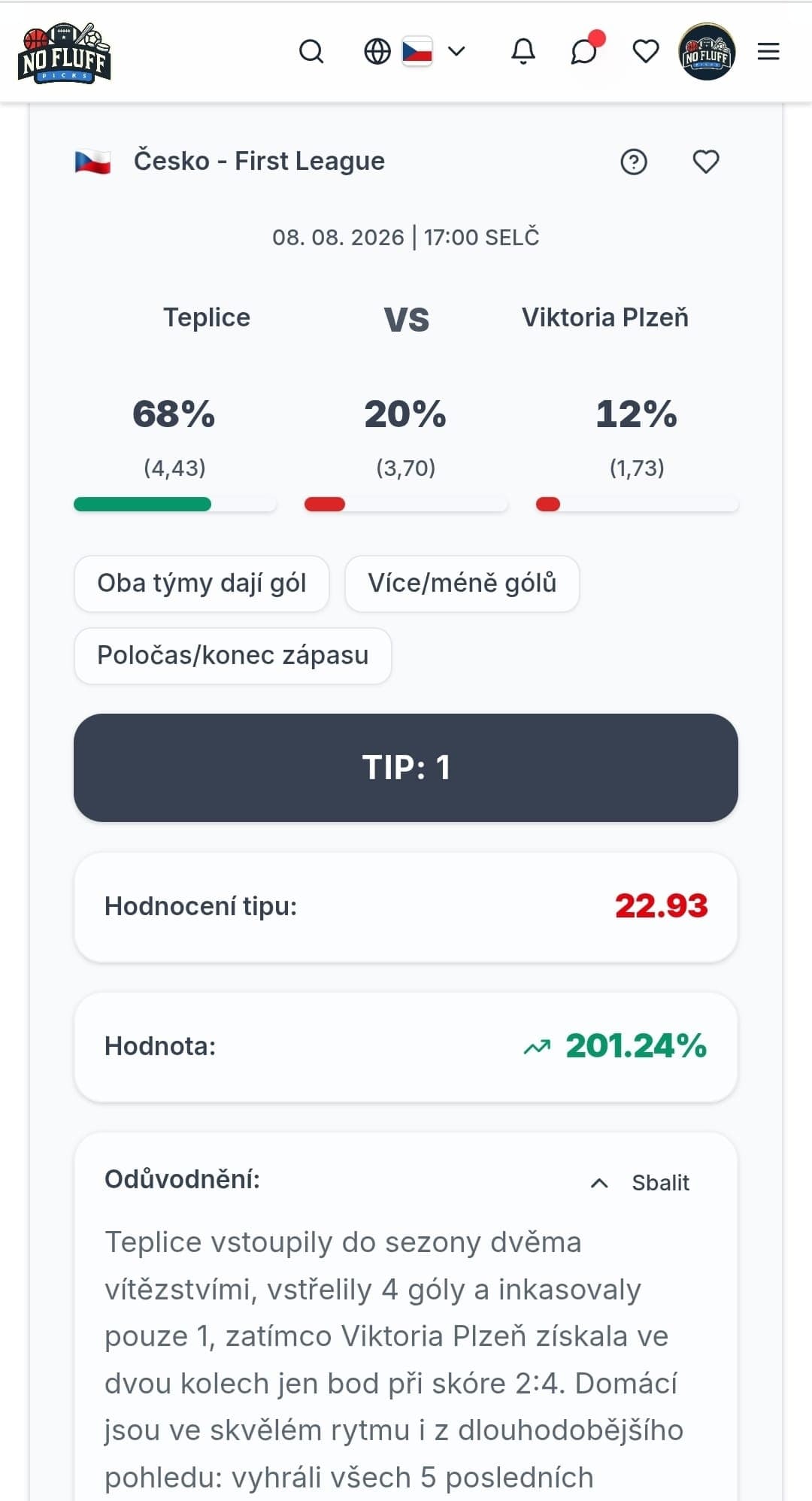 NoFluffPicks app match analysis - cz