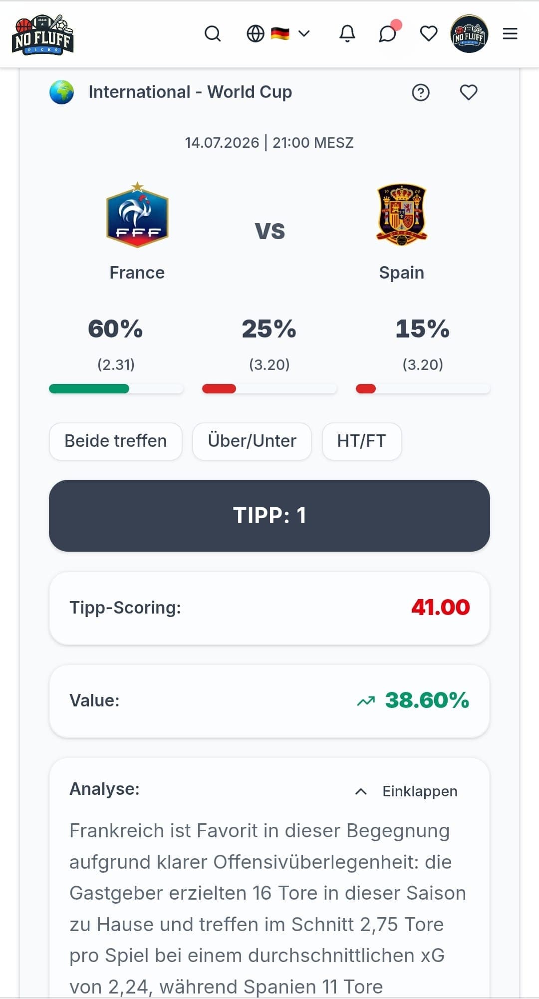 NoFluffPicks app match analysis - de