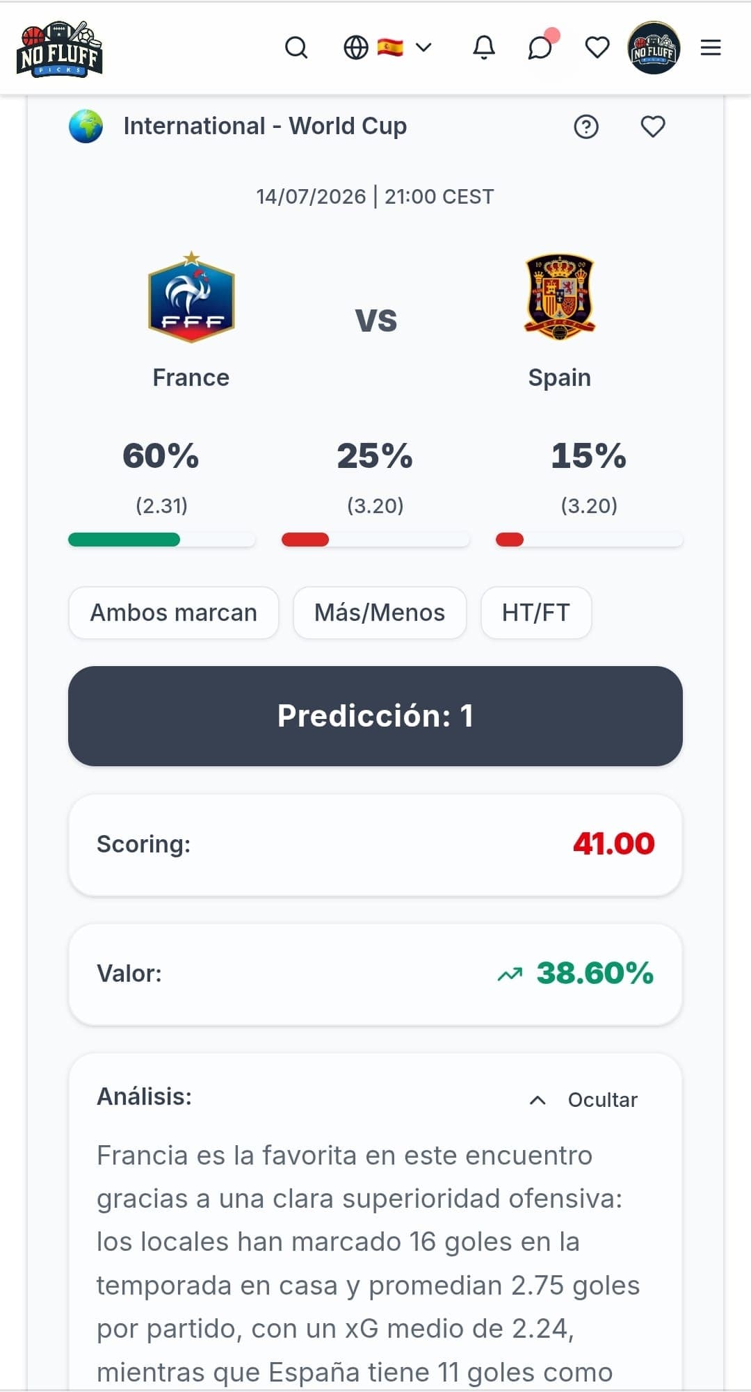 NoFluffPicks app match analysis - es