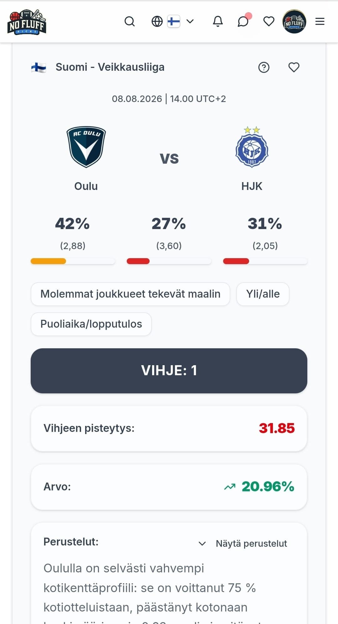 NoFluffPicks app match analysis - fi