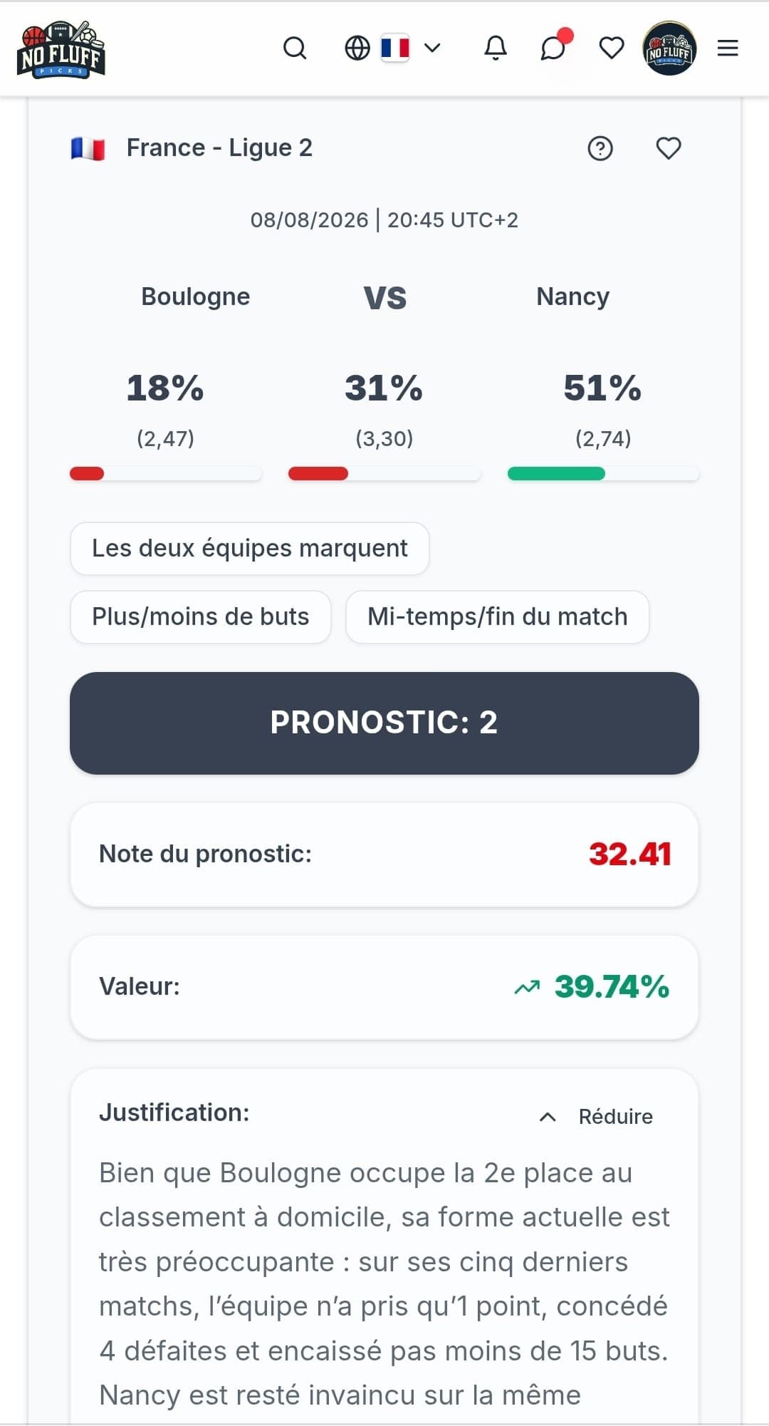NoFluffPicks app match analysis - fr