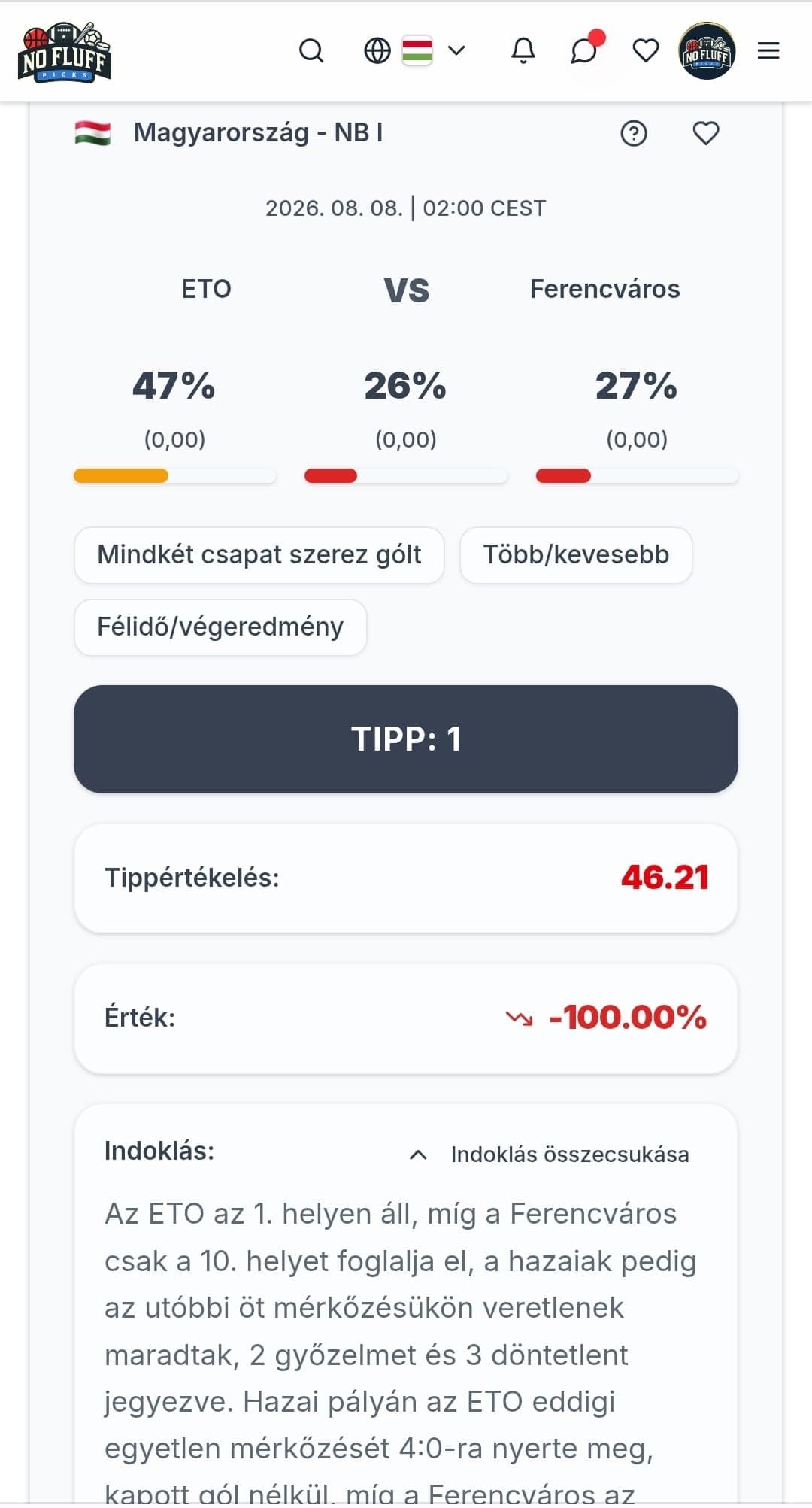 NoFluffPicks app match analysis - hu