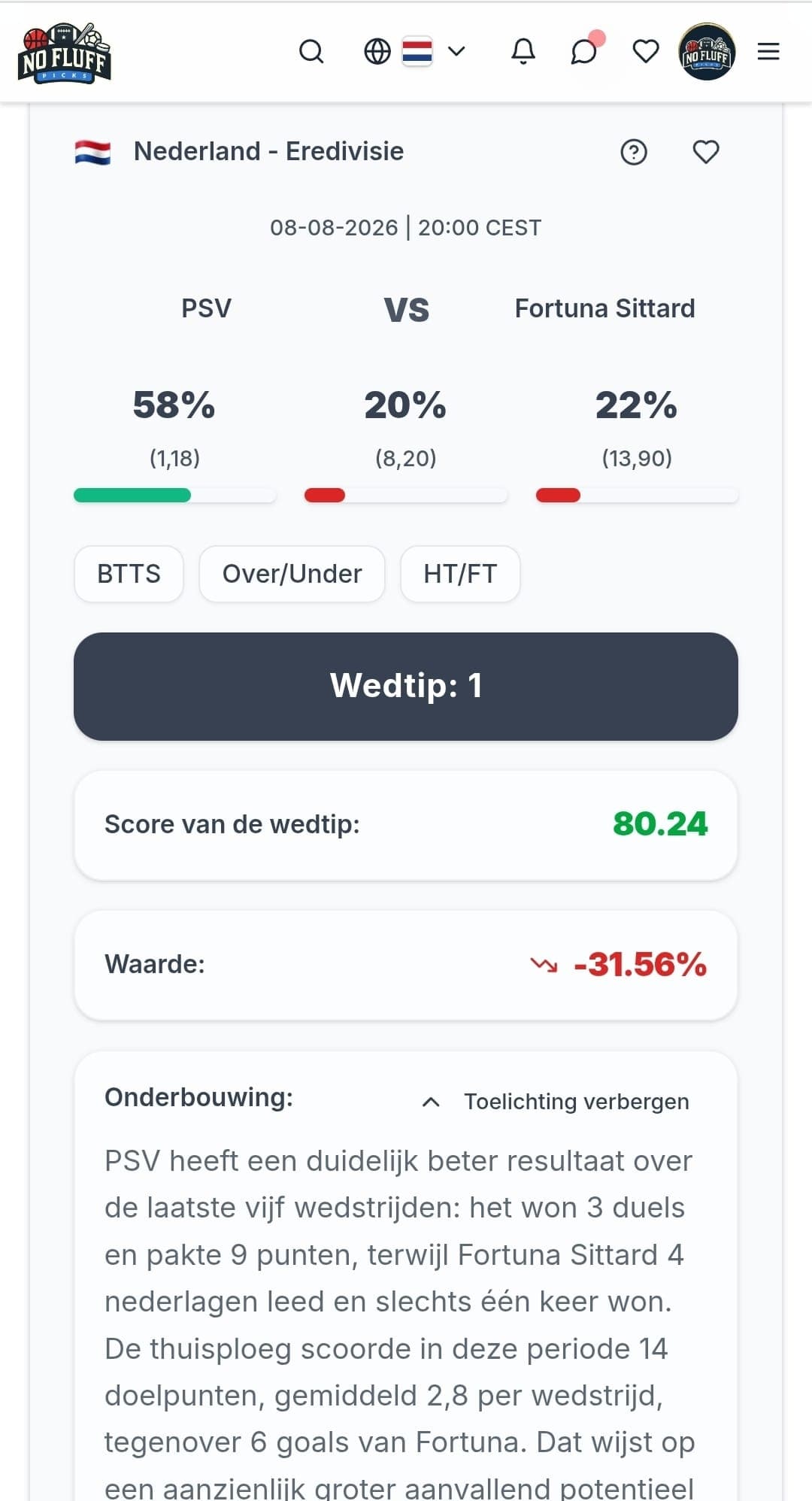 NoFluffPicks app match analysis - nl