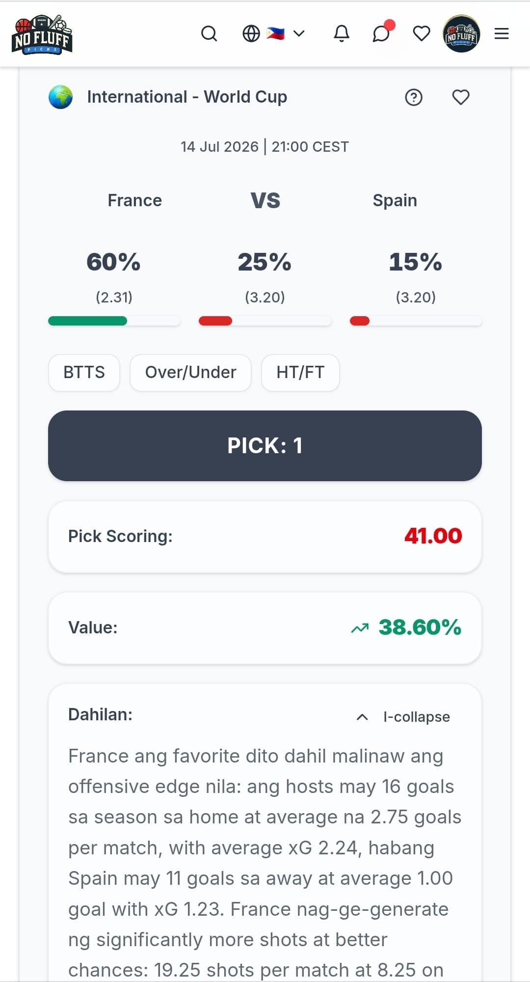 NoFluffPicks app match analysis - ph