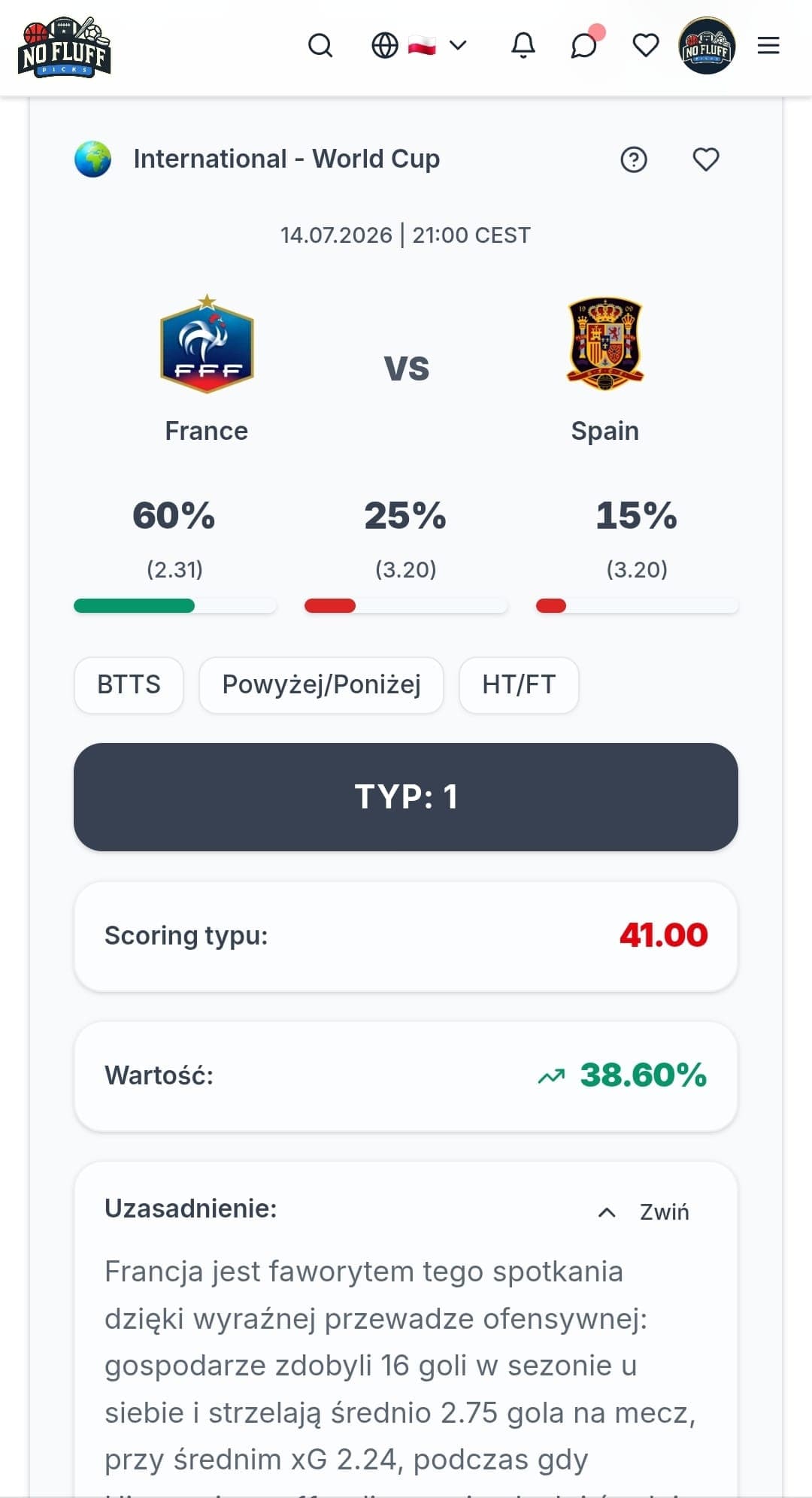 NoFluffPicks app match analysis - pl