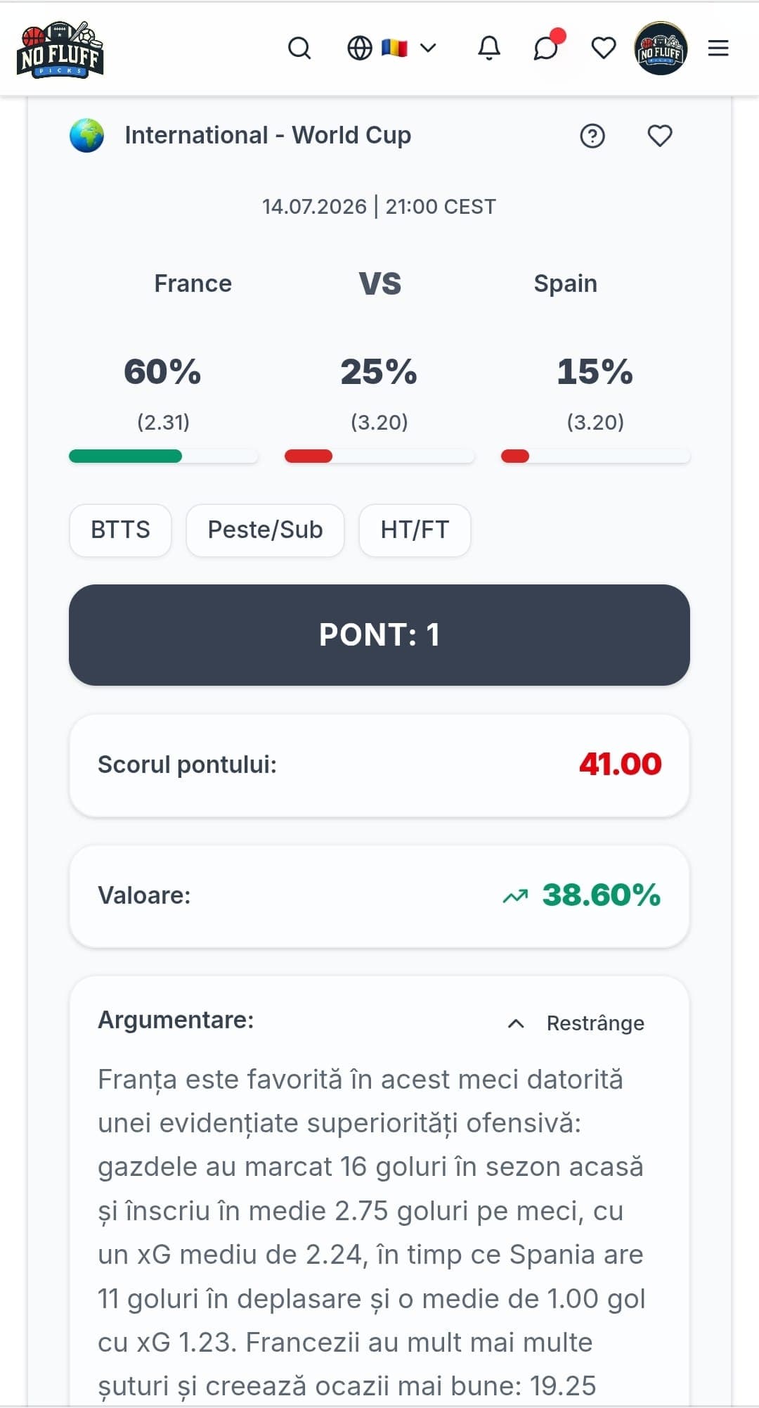 NoFluffPicks app match analysis - ro