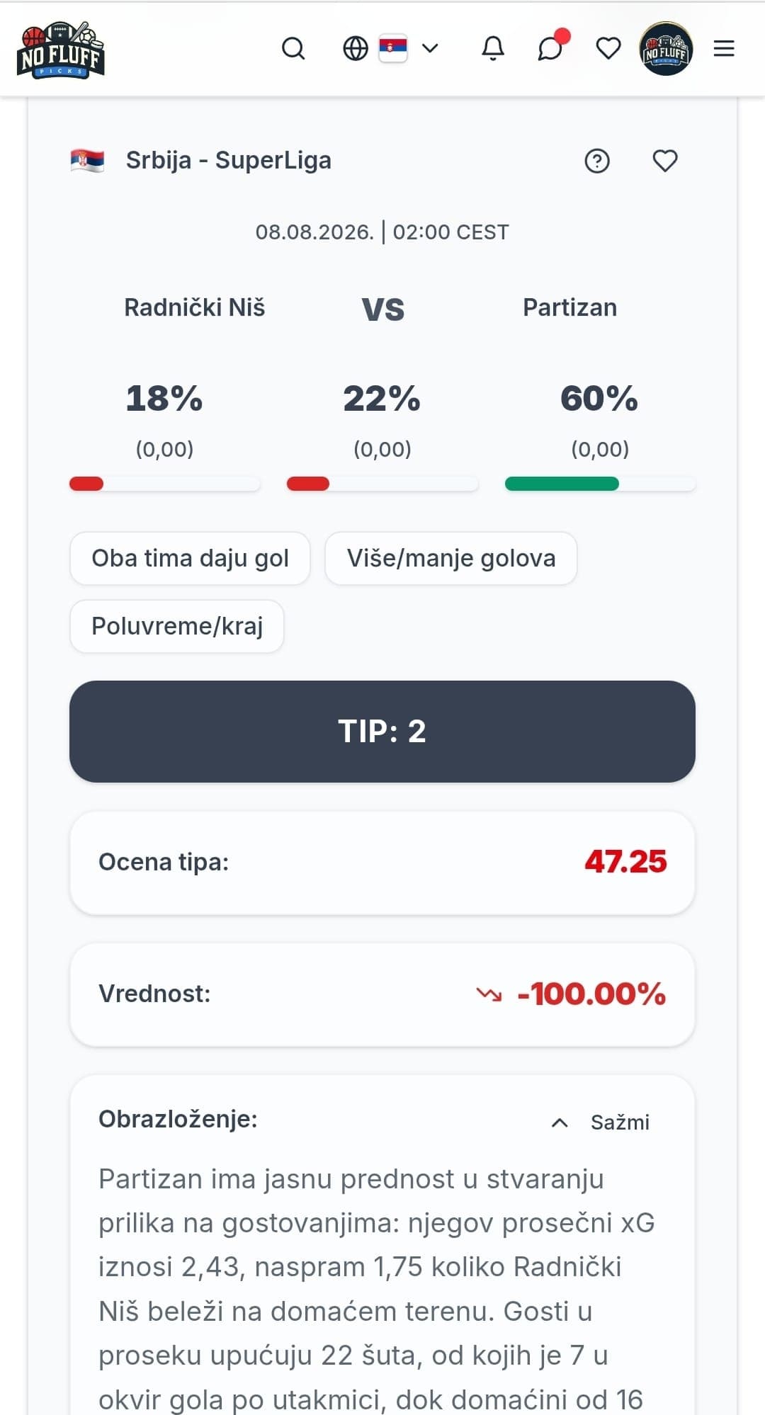 NoFluffPicks app match analysis - rs