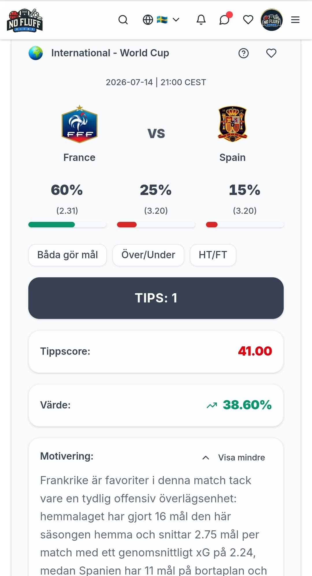 NoFluffPicks app match analysis - se