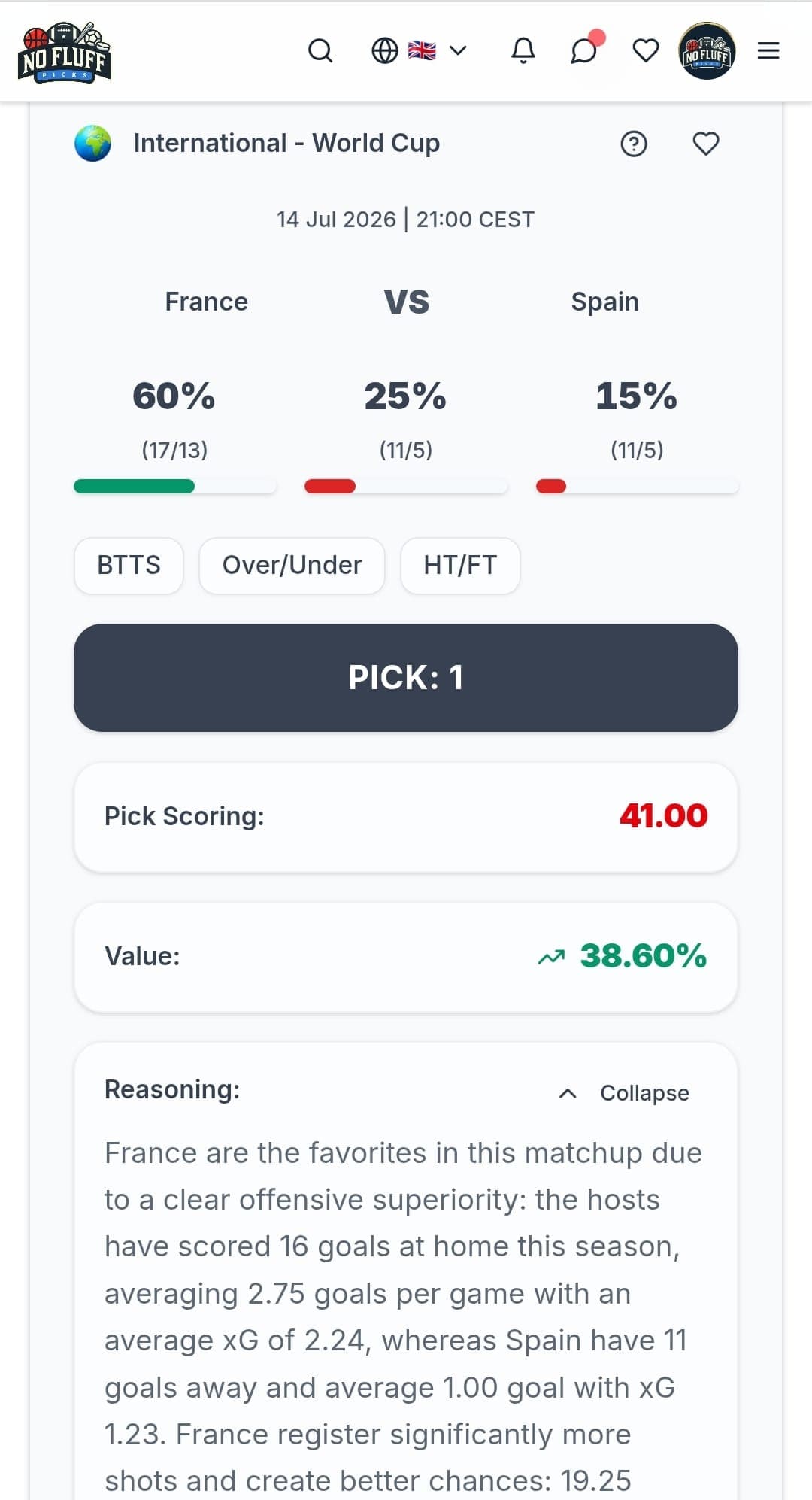 NoFluffPicks app match analysis - uk