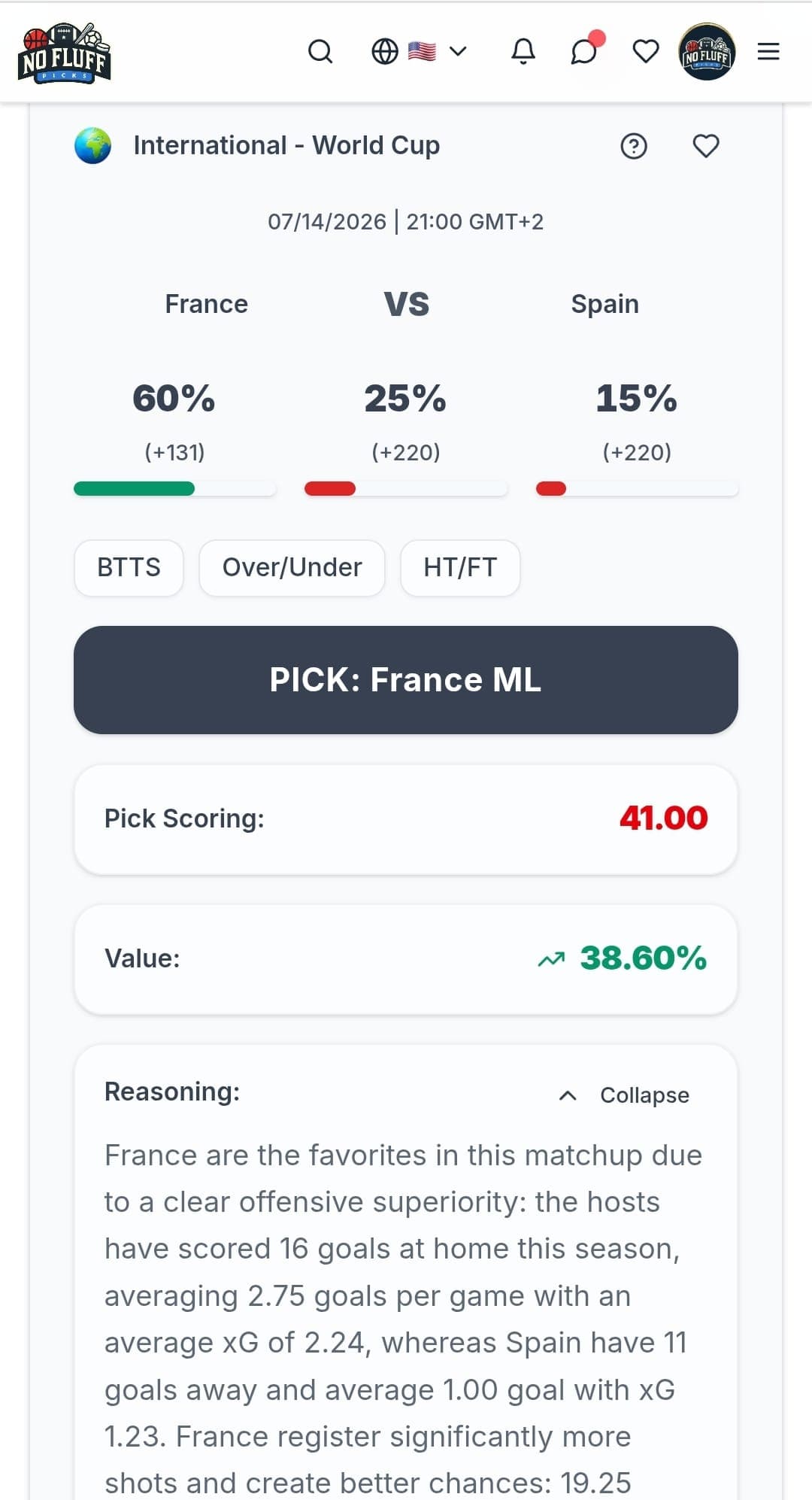 NoFluffPicks app match analysis - us